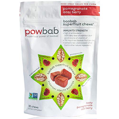 Powbab Baobab Superfruit Chews 750mg Raw Baobab Powder Organic Immune Superfood 100 Antioxidants for Cold Season Vitamin C Acai Berry Powder Pomegranate Non GMO 30 Chews